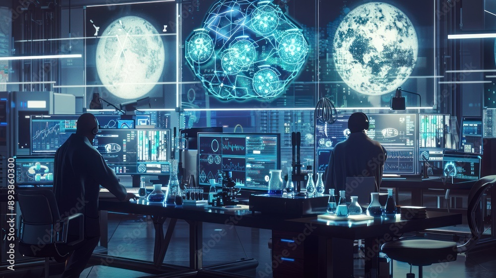 Leinwandbilder two scientists work in a futuristic lab with images of planets projected on the walls