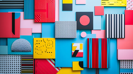 Colorful geometric shapes arrangement on blue background