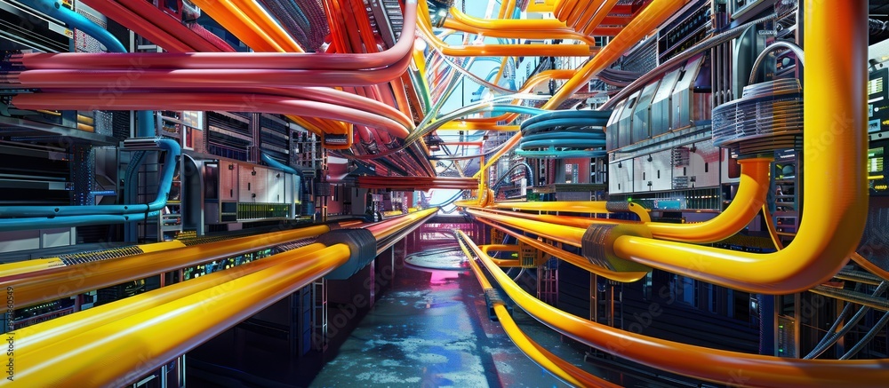 Poster A futuristic depiction of a network of cables representing data flow and communication