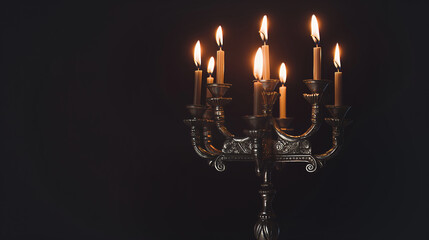 Menorah with candles lit against a dark background, symbolizing Hanukkah. The soft glow of the flames highlights the ornate details of the menorah, evoking warmth and tradition