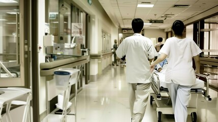 病院の廊下で患者をストレッチャーで運ぶ看護師