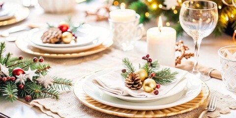 Fototapeta premium Festive Christmas Table Setting. An inviting image of a Christmas table setting, complete with festive decorations, candles, and elegantly folded napkins. Perfect for holiday-themed projects.