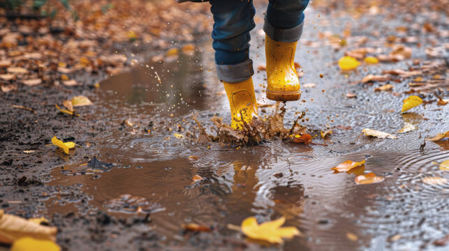 A child's bright yellow rain boots splashing in a muddy puddle on a rainy autumn day, wet weather adventure concept