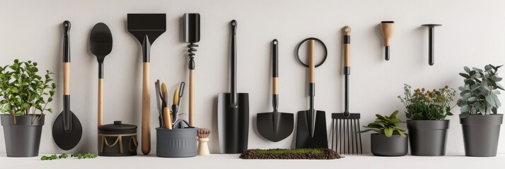 A collection of black gardening tools, including shovels, rakes, and a trowel, are arranged neatly on a white wall with potted plants on either side