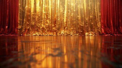 A stage with red and gold curtains creating a dramatic and glamorous setting
