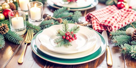 Fototapeta premium Festive Christmas Table Setting. An inviting image of a Christmas table setting, complete with festive decorations, candles, and elegantly folded napkins. Perfect for holiday-themed projects.