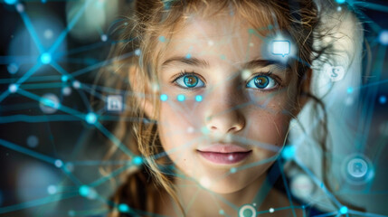 Portrait of girl with interconnected digital symbols.
