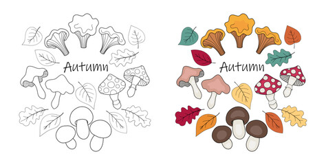 Autumn design of leaves and mushrooms, coloring page.