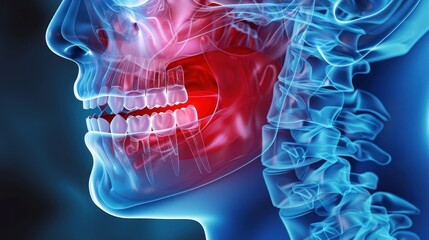 A 3D rendering of a human jaw with translucent teeth and a redhued gum line
