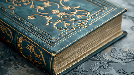 Fototapeta premium A close-up view of an ornate, teal-colored book with gold accents
