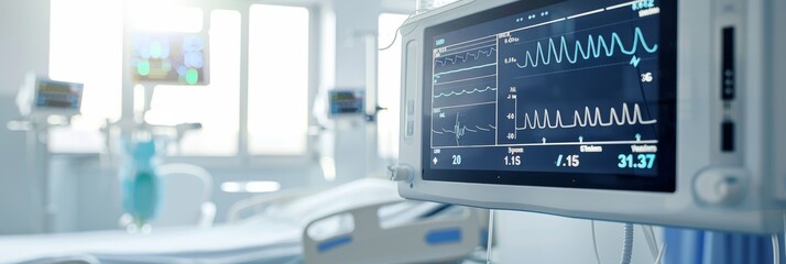 A medical monitor in a hospital room displays vital signs data, including heart rate, blood pressure, and respiratory rate