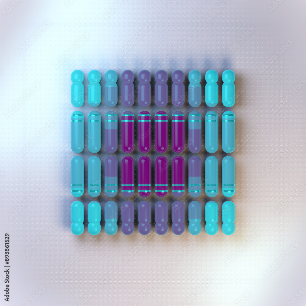 Leinwandbilder Digital illustration of a group of capsules with purple-blue gradient arranged in a square. 3d rendering