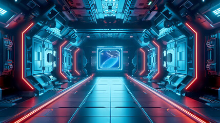 Fototapeta premium Futuristic spaceship corridor with red and blue lighting