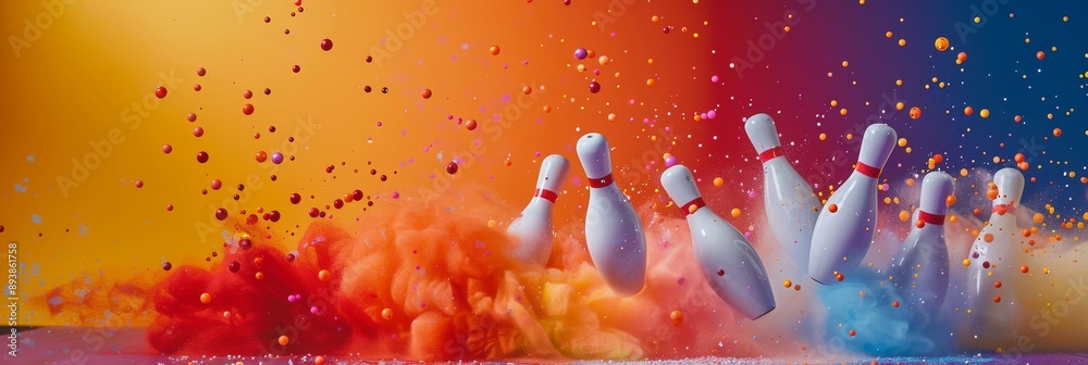 Poster bowling pins explode in a vibrant cloud of color, creating a dynamic image that captures the energy 