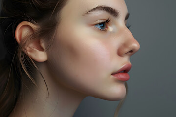 Side view of woman with bumpy aquiline nose in front of gray background