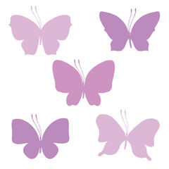 Butterflies with wings and antennae in pink and lilac colors. Delicate, romantic simple insects. Graphic illustration set of their several elements, clip art vector silhouettes.