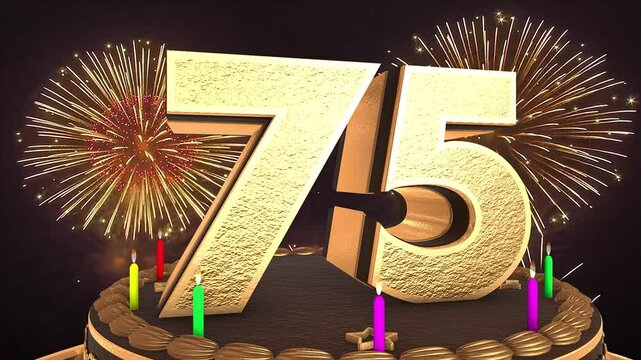 75th birthday chocolate cake animation 3d render in chocolate gold with confetti and balloon background. 4k