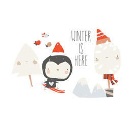 Cartoon Little Penguin skiing down a Mountain Slope. Vector Illustration