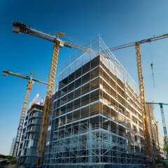 Cranes and scaffolding creating modern luxury living space in condominium construction site.