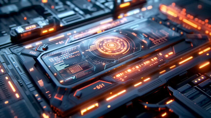 Fototapeta premium Futuristic digital circuit board with illuminated orange lines and glowing interface