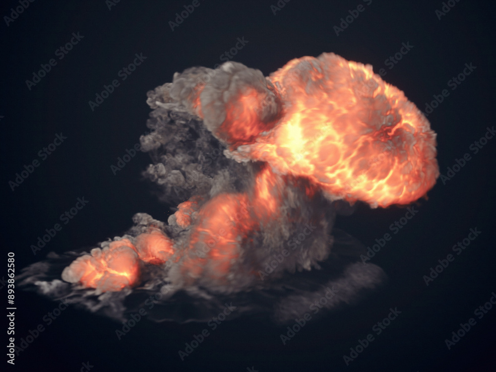 Poster realistic explosion with bright flames and dark billowing smoke. 3d rendering digital illustration