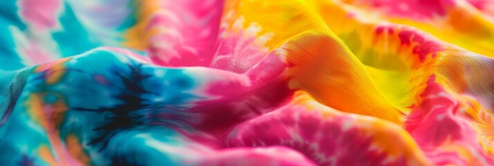 Vibrant tie-dye fabric with a bohemian pattern in blues, pinks, yellows, and oranges. Swirling and abstract design perfect for retro themes