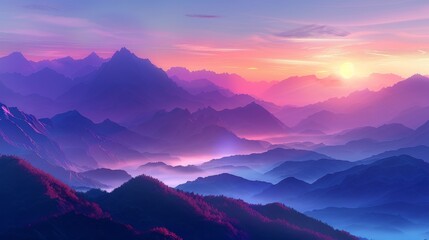 Obraz premium A picturesque landscape showcasing a misty sunrise over a vast mountain range with vibrant pink and purple hues