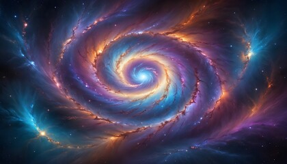 A colorful and vibrant spiral galaxy with swirling clouds of gas and dust in shades of purple, orange, and blue against a dark background