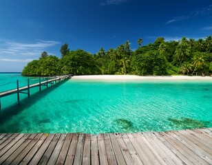 Idyllic crystal-clear lagoon surrounded by lush jungle and sandy beach with wooden pier, perfect summer escape
