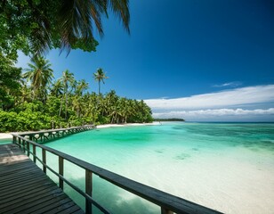 Fototapeta premium Idyllic crystal-clear lagoon surrounded by lush jungle and sandy beach with wooden pier, perfect summer escape