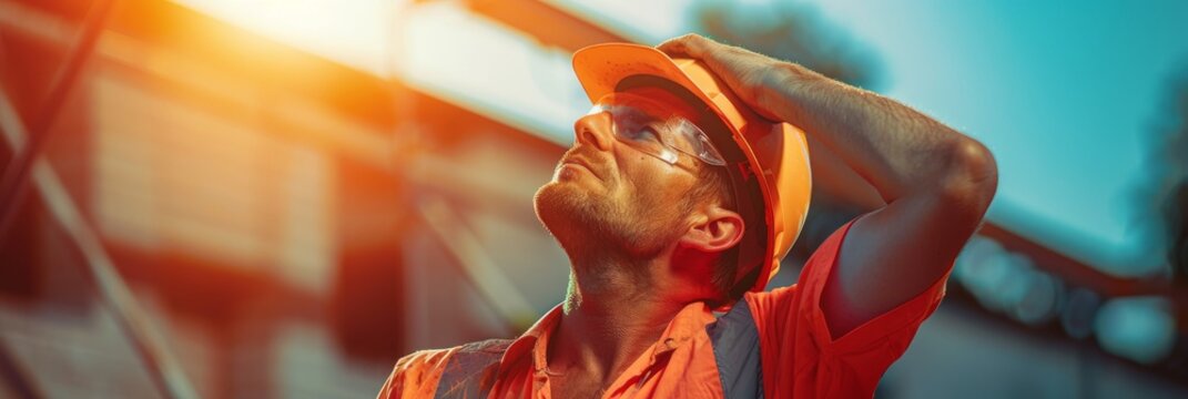 A road worker in a hard hat and safety glasses shields his eyes from the sun as he stares up at the sky. He appears exhausted from working under the summer heat in the city