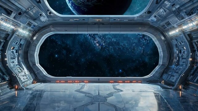 l'int&eacute;rieur d'un vaisseau spatial qui avance dans l'espace, une plan&egrave;te apparait - grande sc&egrave;ne pour pr&eacute;sentation de produit ou de texte