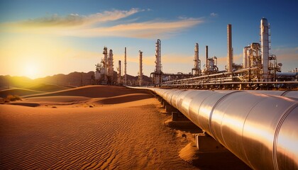 Oil refinery and pipeline in desert during sunset. AI generated