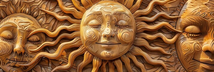 A close-up of a wooden carving depicting the sun with a face, closed eyes, and a gentle smile. The carving is detailed with intricate swirls and lines