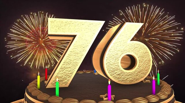 76th birthday chocolate cake animation 3d render in chocolate gold with confetti and balloon background. 4k