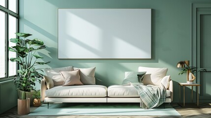 A modern living room with a white sofa green walls and a large empty frame on the wall