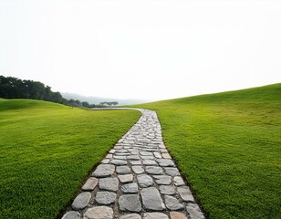 Tranquil stone walkway in lush green field against white backdrop, perfect for landscape design inspiration.