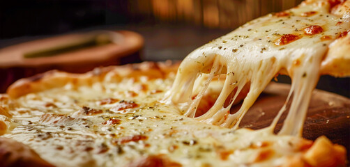 Foto de una rebanada de pizza con queso derriti&eacute;ndose en la parte superior extra&iacute;da a mano, sobre una mesa, al estilo de una fotograf&iacute;a de producto, con alta resoluci&oacute;n, como concepto de espacio