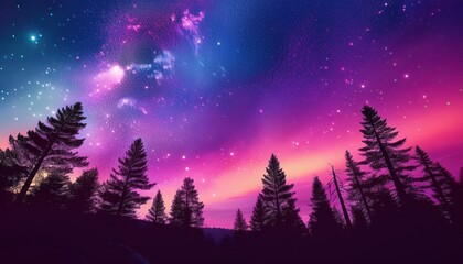 Naklejka premium Vibrant cosmic violet and pink gradient sky with stars above silhouette forest trees.