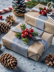 Christmas Gifts with Festive Decorations. A collection of beautifully wrapped Christmas gifts. Perfect for holiday greetings, website banners, or social media posts.