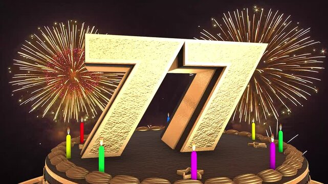77th birthday chocolate cake animation 3d render in chocolate gold with confetti and balloon background. 4k