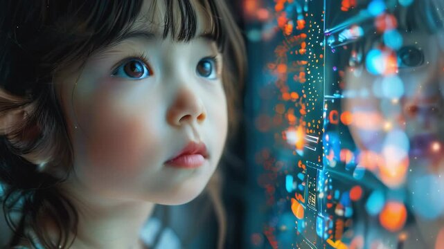 Portrait child girl with digital code overlay, ai learning, data and technology future, digital tech education, cybersecurity and digital marketing. Concept of blockchain and data storage.