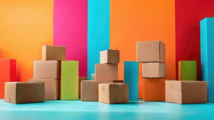 Cardboard boxes on colorful backdrop