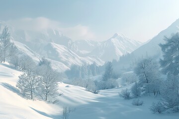 Obraz premium Beautiful winter landscape with snow covered trees and mountains, Ai Generated