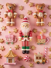 Fototapeta premium Festive Vintage Toy Collection. A charming and festive scene with a traditional nutcracker doll, a teddy bear toy, and a wooden toy train, all set against a backdrop of Christmas decorations.