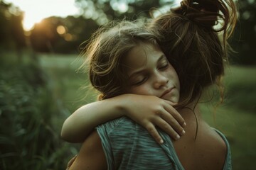 Mother and daughter embrace in the sunset