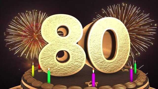 80th birthday chocolate cake animation 3d render in chocolate gold with confetti and balloon background. 4k