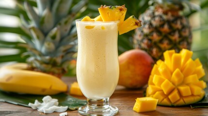 Refreshing tropical smoothie with pineapple and mango on a wooden table. Bright and colorful summer drink photography. Perfect for healthy lifestyle and tropical-themed designs. AI