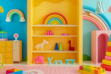 Fototapeta premium Colorful Playroom With Wooden Rainbow and Toys