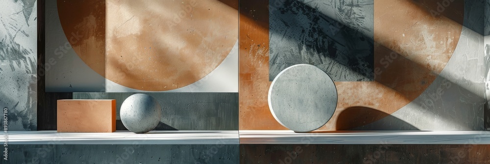 Poster studio photo with geometric shapes in various sizes & materials. dynamic composition & shadows from 